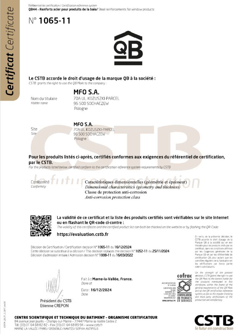 Certyfikat Jakości CSTB QB44 